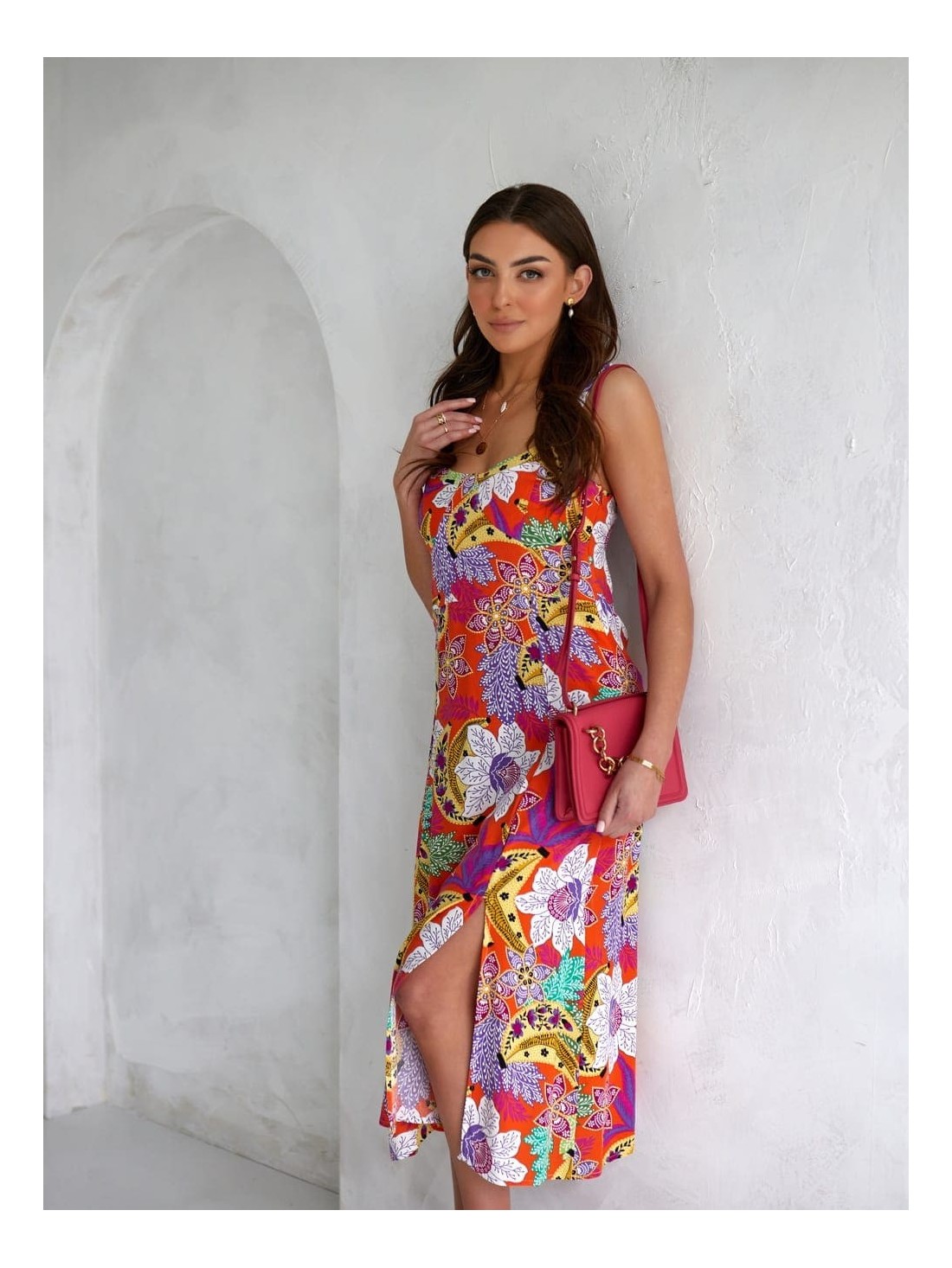 Summer midi dress with straps, orange 3183 - Online store - Boutique